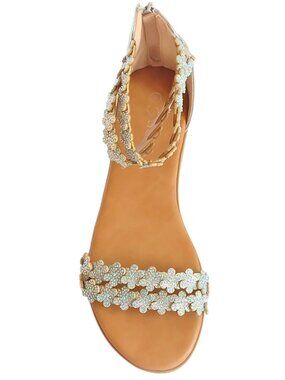 WOMEN'S FOREVER SILVER & TAN CRYSTAL FLOWER ANKLET  SANDALS - SIZE 8